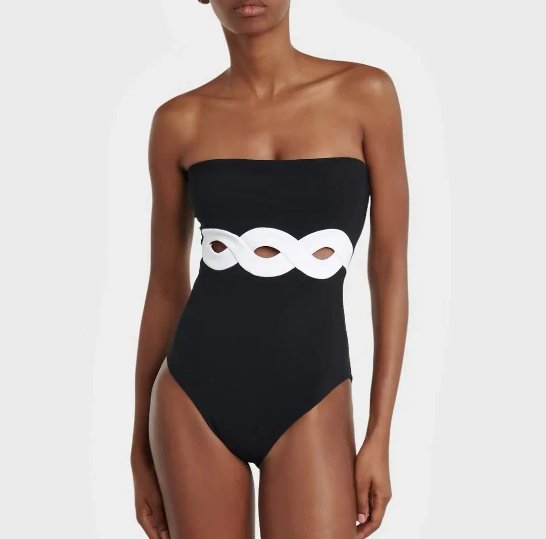 Conjunto de maiôs de cor feminino, sexy, profundo decote em V, recorte praia, maiô de uma peça, moda praia verão, 2 peças