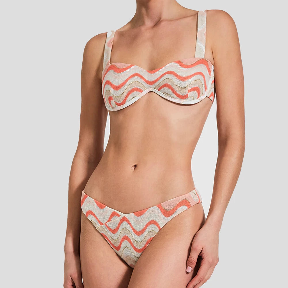 Onda listra impressão maiô, push up slim biquíni set, cintura alta, swimwear halter aberto para trás, moda praia, 2 pcs, 2024