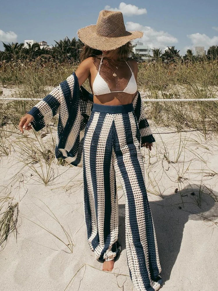 Fatos de praia de crochê feminino com 2 peças, cardigã solto, tops e calça, moda praia casual, verão