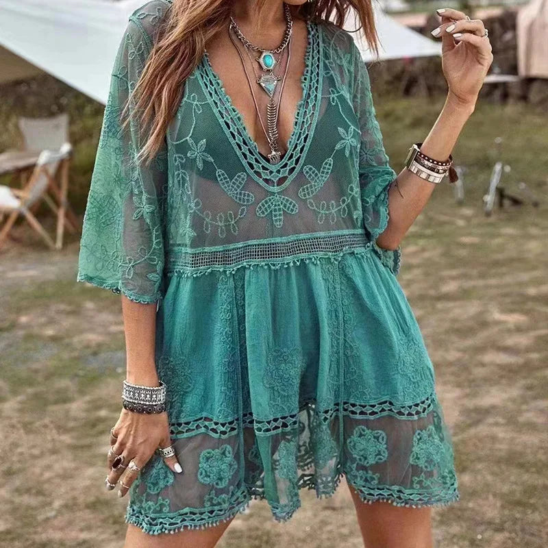 Vestido sexy de praia feminino, túnica de praia, biquíni sarong, top de crochê feminino, moda praia, decote em v, 2024