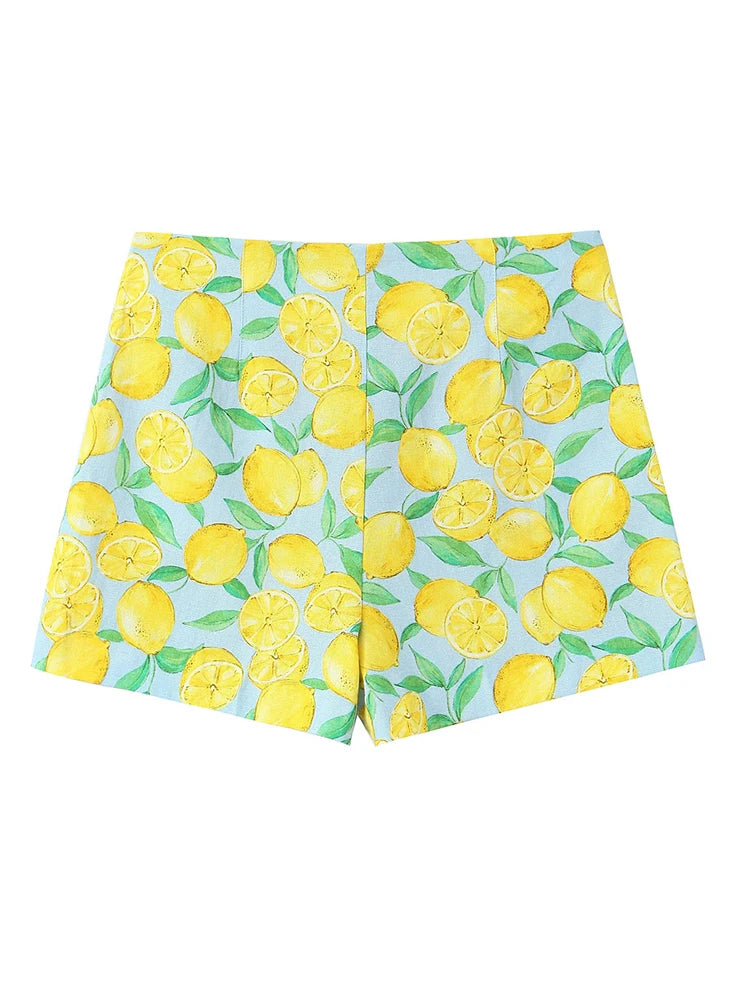 Produto Foridol-Shorts de linho de algodão estampado limão para mulheres, camisa casual de bowknot, curta correspondência, terno estampado de frutas, novo, verão, 2024 - 1