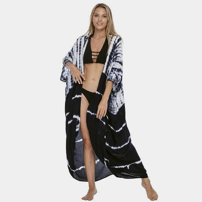 Praia cover ups para roupa de banho feminino preto tie dye kimono maiô cape vestido de verão 2022 roupas de praia vendas