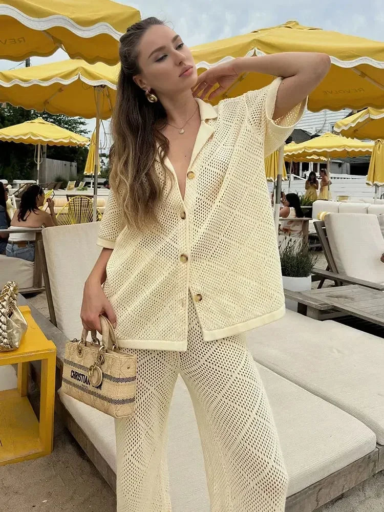 Casual solto malha manga curta lapela calças conjunto 2025 feminino verão férias beachwear maiô de duas peças cobrir outfit k62