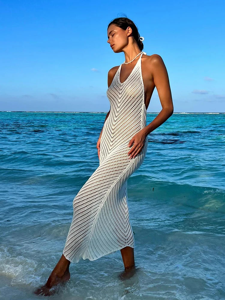 Vestido maxi sexy de malha feminina, bodycon branco sem costas, roupa de praia, moda praia verão, cobertura de biquíni, gola V, 2022