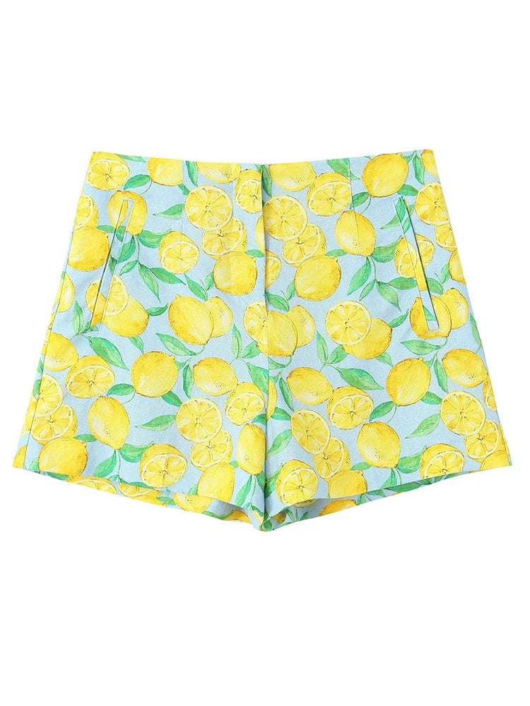 Produto Foridol-Shorts de linho de algodão estampado limão para mulheres, camisa casual de bowknot, curta correspondência, terno estampado de frutas, novo, verão, 2024 - 1