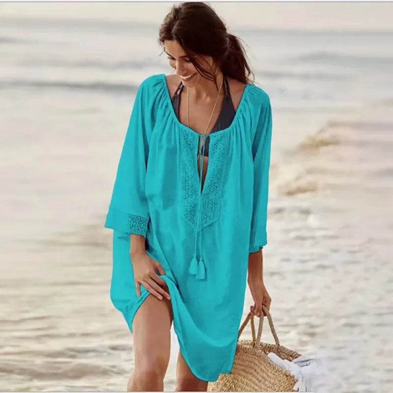 Vestido com proteção solar feminino com decote em v, capa solta para praia, plus size, moda verão, novo