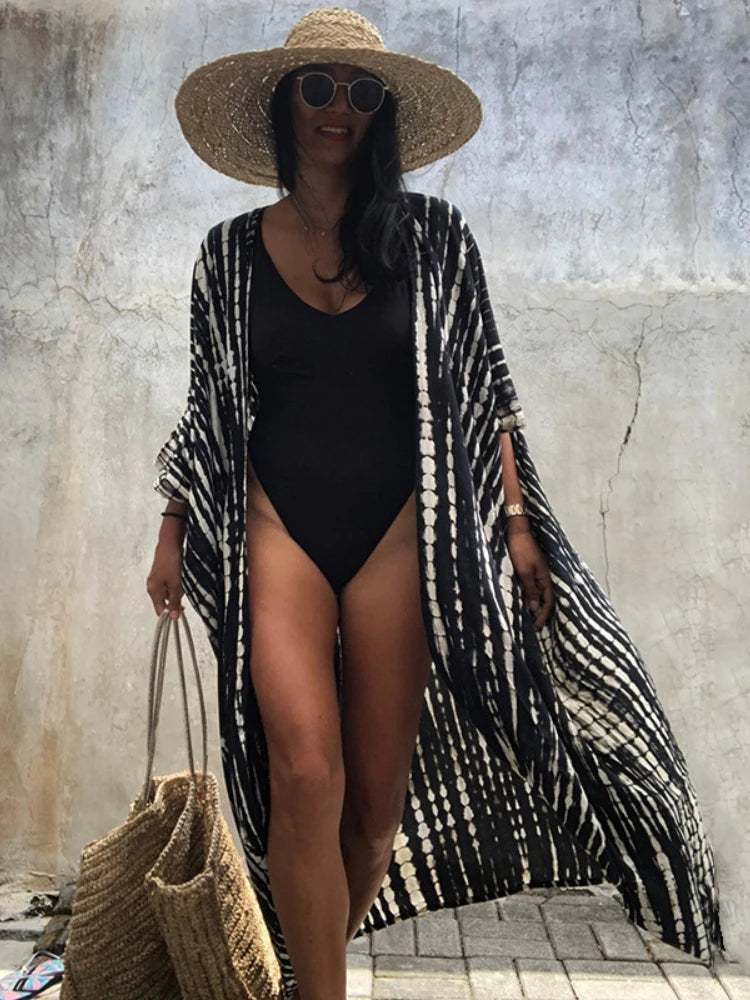 Praia cover ups para roupa de banho feminino preto tie dye kimono maiô cape vestido de verão 2022 roupas de praia vendas