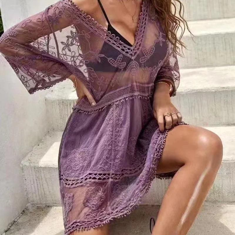 Vestido sexy de praia feminino, túnica de praia, biquíni sarong, top de crochê feminino, moda praia, decote em v, 2024